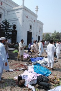 The carnage outside All Saints Church after the bomb blast. 