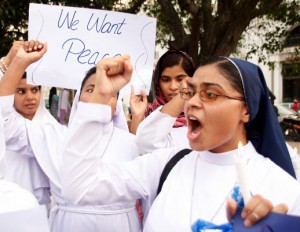 Protests, such as this one in Lahore, sprang up in cities across Pakistan. Some of them caused traffic problems. One woman died when her car crashed while following a detour aound a protest.