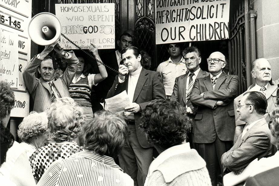 Fred Nile leads a pro-child demonstration in 1981 on Macquarie Street, in Sydney's CBD. 