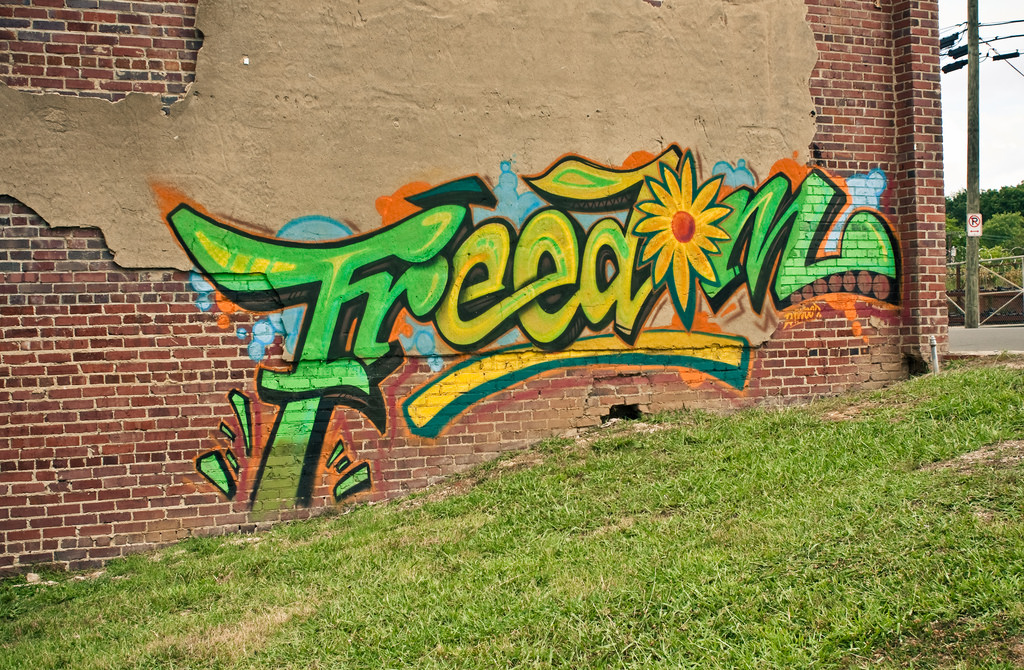 Freedom graffitied on a park wall