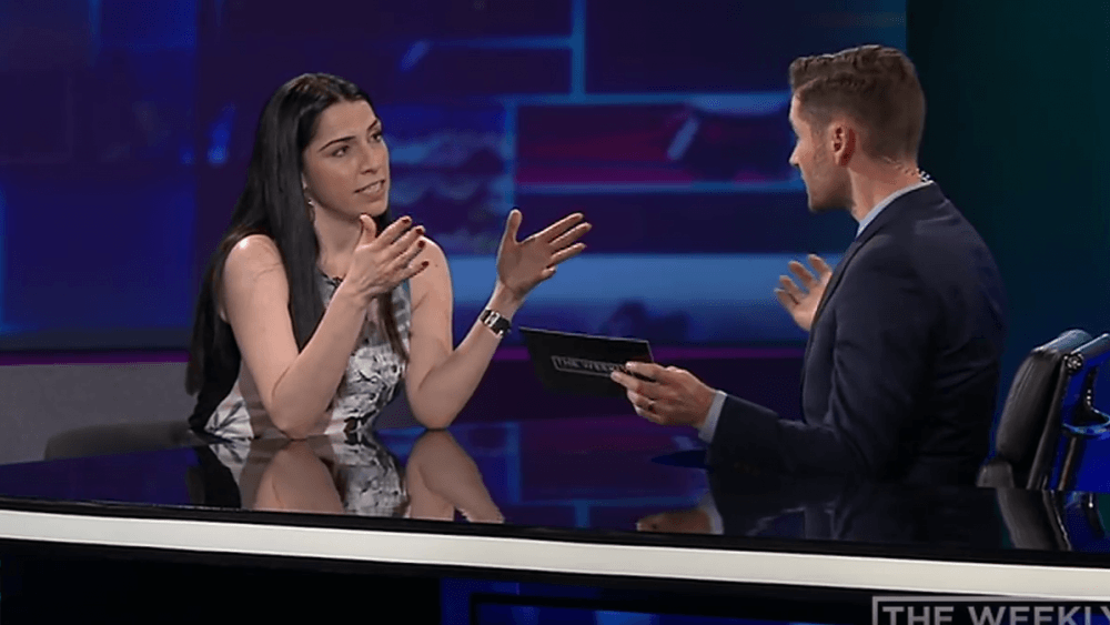 Professor Francesca Stavrakopoulou explains her beliefs about the Bible to Charlie Pickering on The Weekly on ABC
