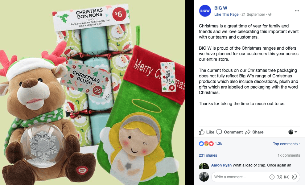 Big W Facebook post on Christmas decorations