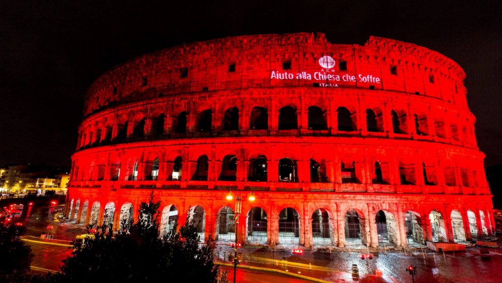 Rome's Colosseum was lit red in remembrance of persecuted Christians at the weekend.