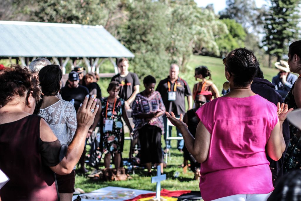 A prayer gathering of Aboriginal and Torres Strait Islander Christian leaders at the site of Captain James Cook's landing at Kurnell.