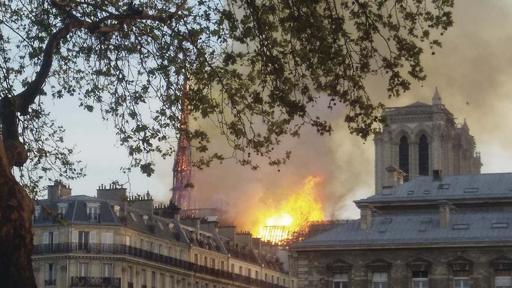 Notre Dame on fire in the distance.