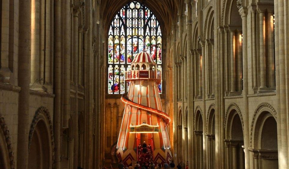 The helter skelter ride installed within Norwich Cathedral.