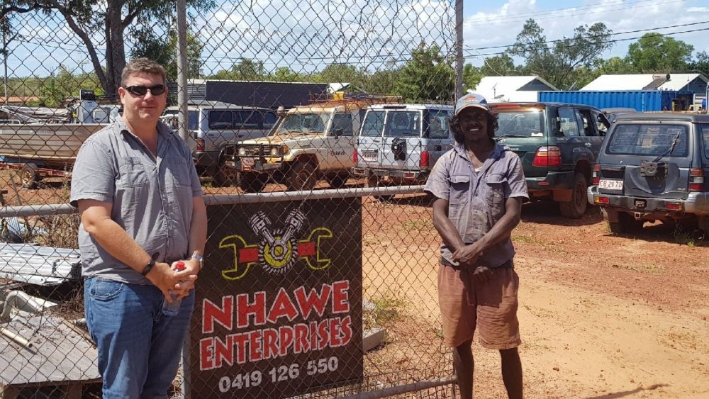 Justin GaraWirtji (right) who co-runs Nhawe Enterprises in East Arnhem – a mechanical, tyre and glass business – with Many Rivers field officer Jarrod Ellis.